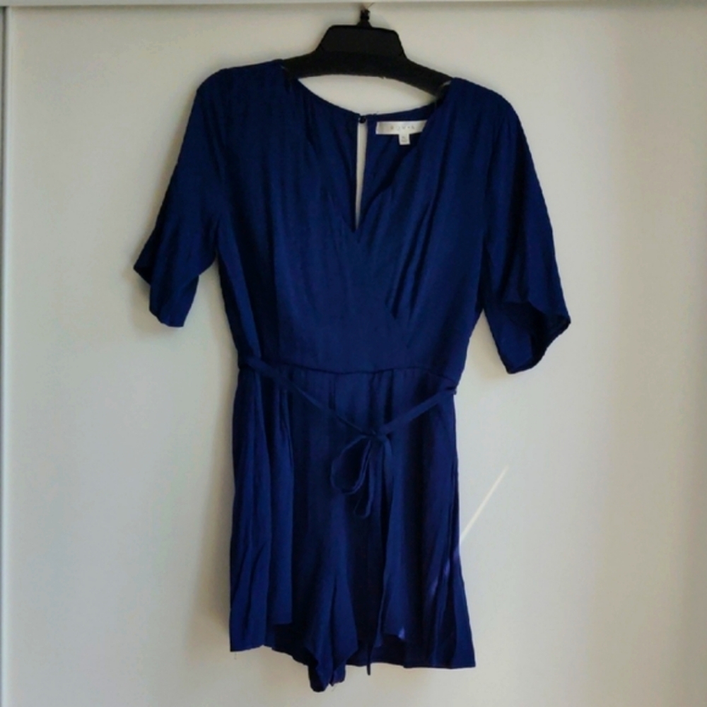 Row A Scalloped Neck Front Wramp Navy Blue Romper with Belt